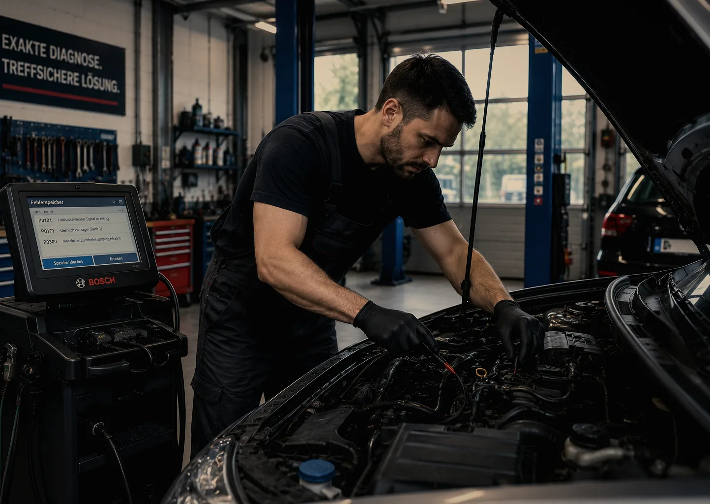 Mechaniker liest mit einem Diagnosegerät den Fehlerspeicher eines Fahrzeugs aus