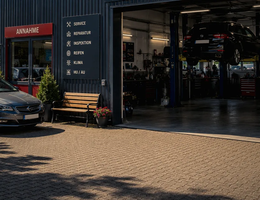 Eingang der Werkstatt mit Annahme, Leistungstafel und geöffnetem Hallentor